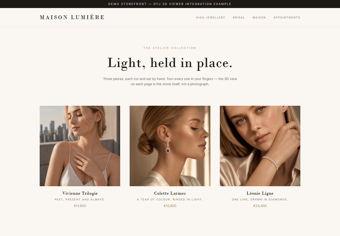 Maison Lumière demo storefront with three jewelry product collections