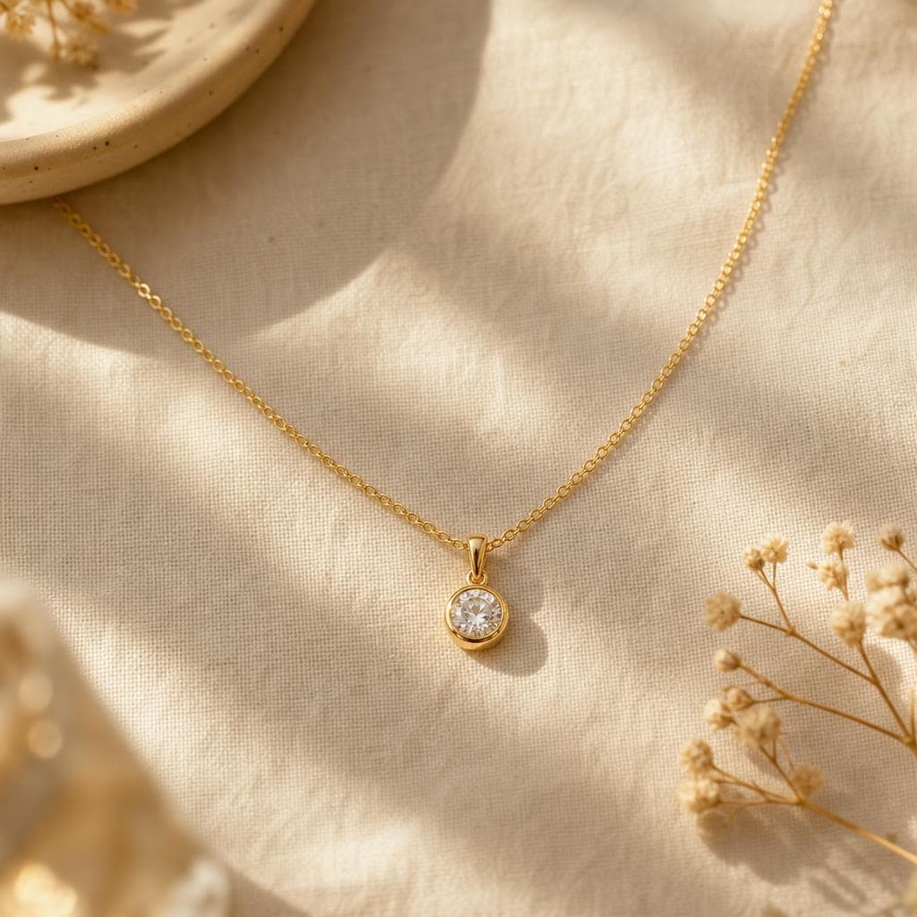 Gold pendant necklace arranged on silk
