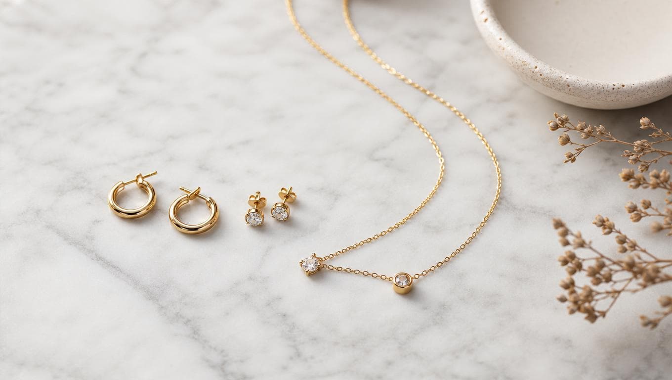 A necklace and earrings arranged in a flat lay