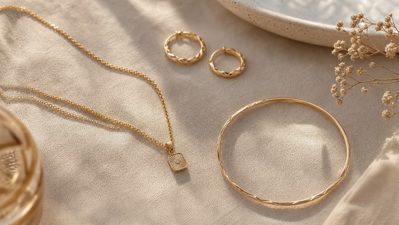 Necklaces arranged in a lifestyle flat lay