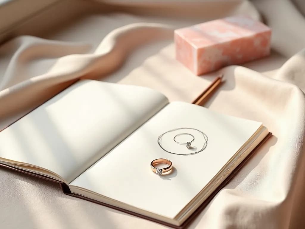 An open sketchbook with a ring drawing next to a finished rose-gold diamond ring