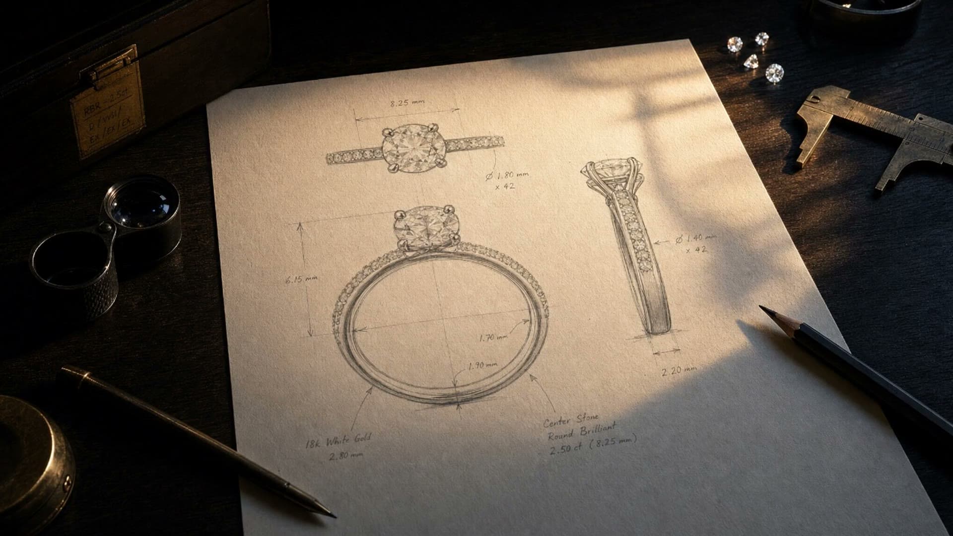 A platinum ring with a round brilliant diamond emerging from a hand-drawn sketch